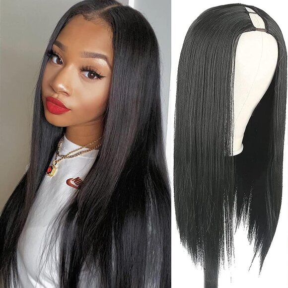 NEW 22-Inch Straight V Part Wig Synthetic Hair Long Black Half Wig Glueless - Picture 5 of 8